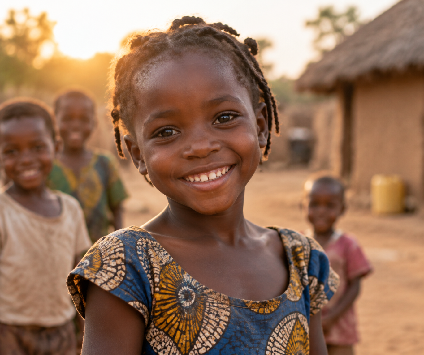 A smiling child in a rural village at golden hour