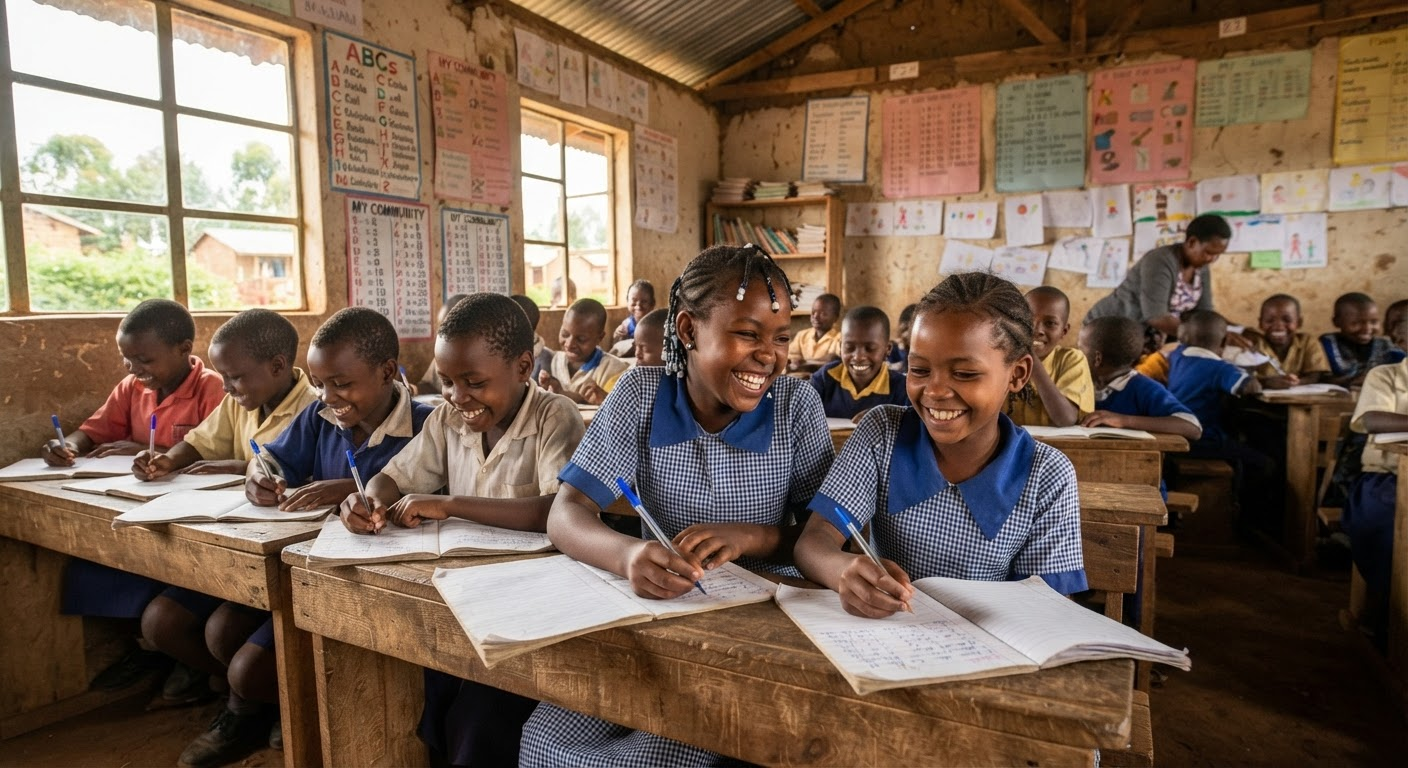 Children learning and writing in a bright classroom