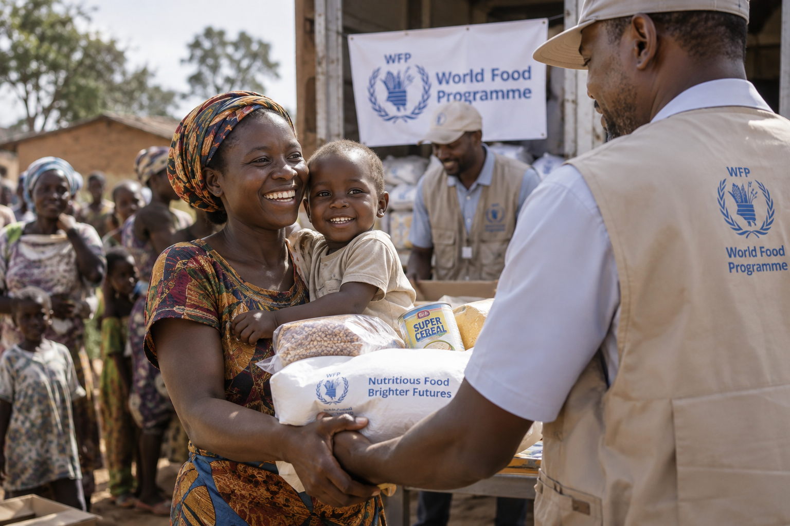 A mother and child receiving nutritious food aid
