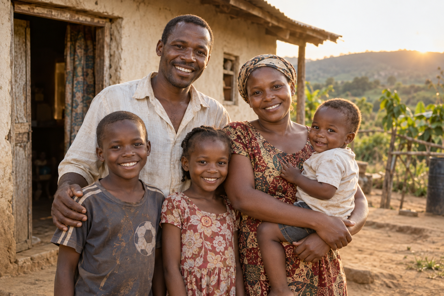 A happy family outside their home in a rural community